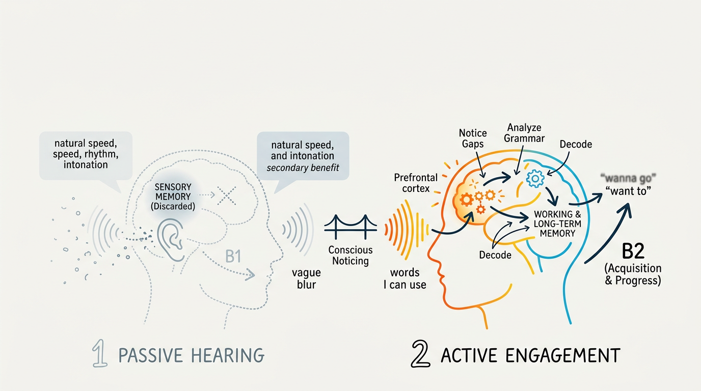 🧠 Active Engagement vs Passive Hearing — picture for “Active listening vs passive listening for English learners”
